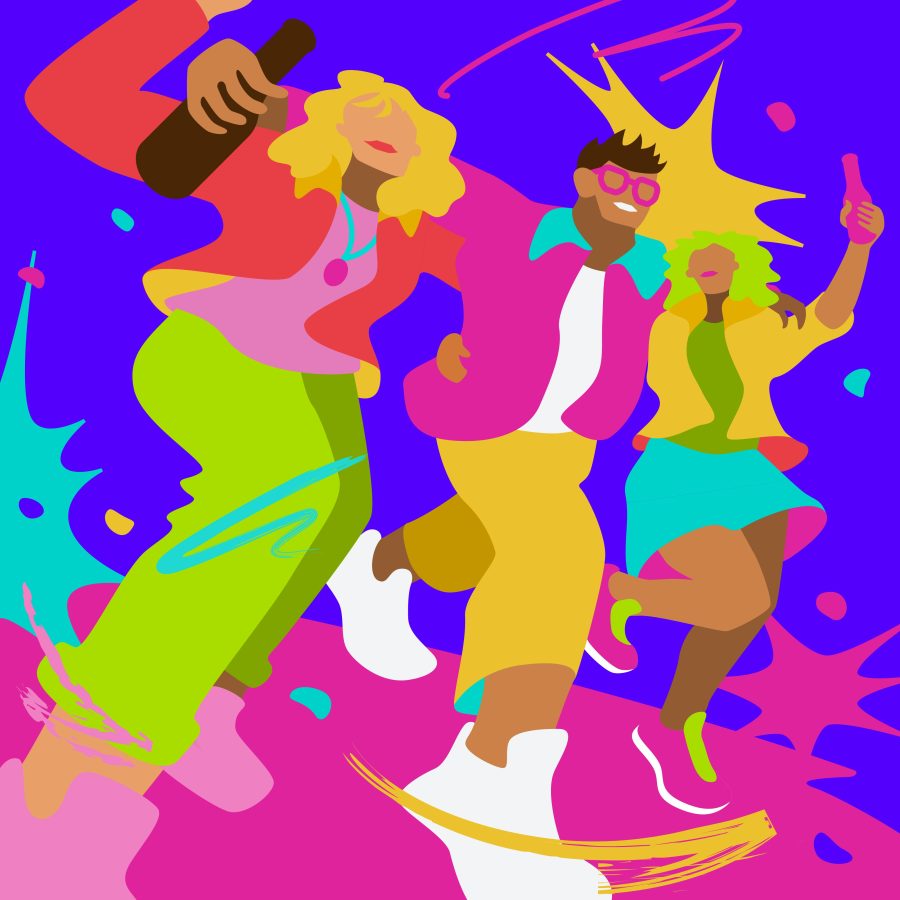 Ilustração colorida de pessoas dançando