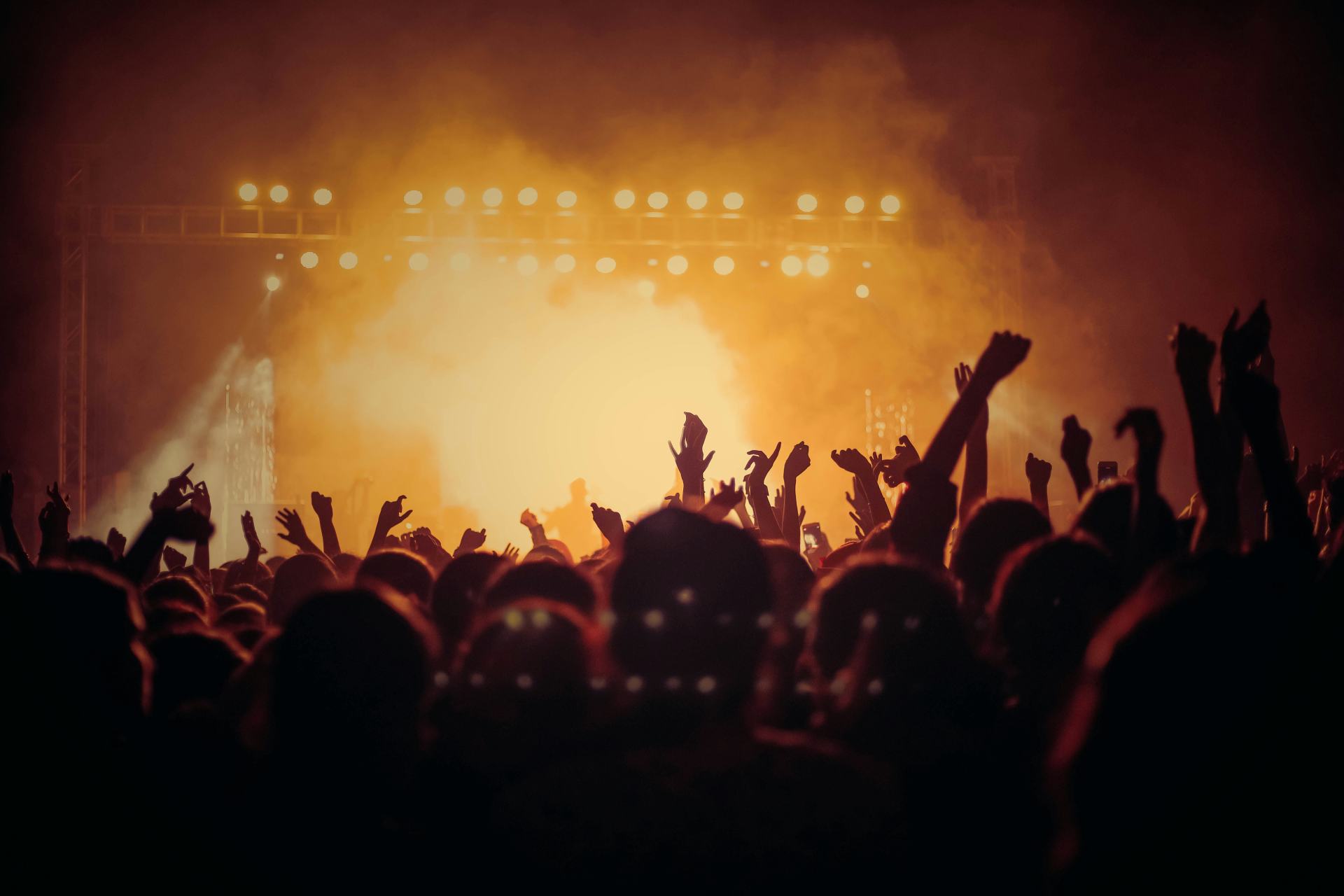 Multidão com os braços erguidos em um show, celebrando